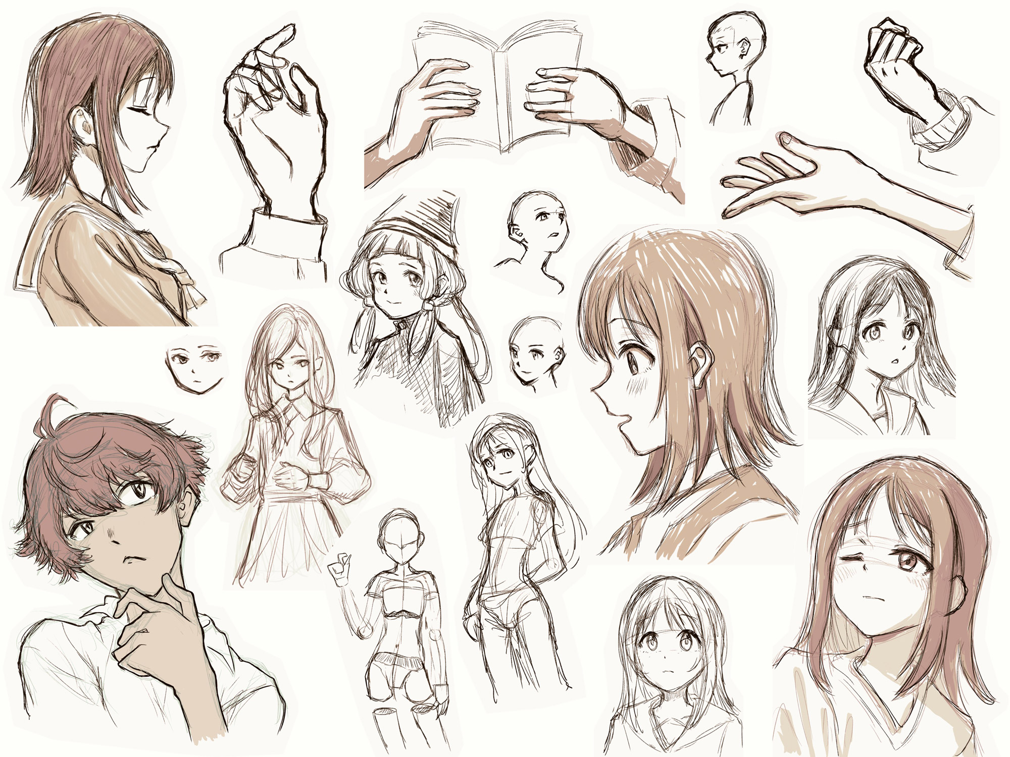 自分の好きなアニメを観ながら模写した例（関係ない落書きも混ざっているが）
最近のアニメで自分が好きな絵柄は「花は咲く、修羅の如く」や「小市民シリーズ」など